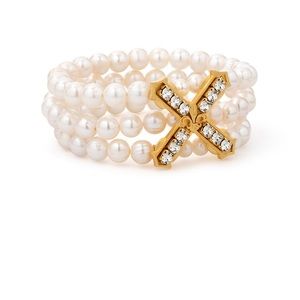 French Kande Triple Strand white Pearl Bracelet with Austrian Crystal Kiss.